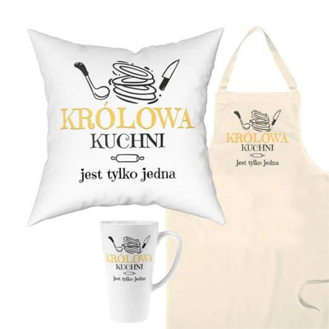 Zestaw Fartuch,Kubek,Poduszka Babcia Królowa Kuchni Prezent na Dzień Babci