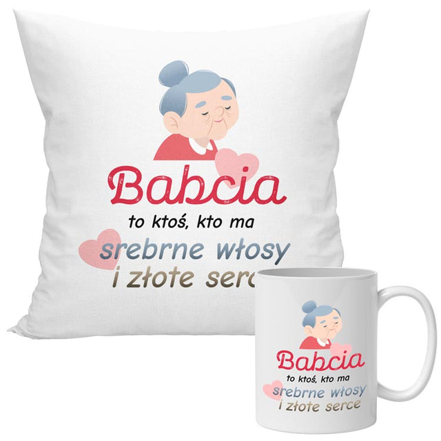 Zestaw Poduszka Kubek Srebrne włosy i złote serce Prezent na Dzień Babci