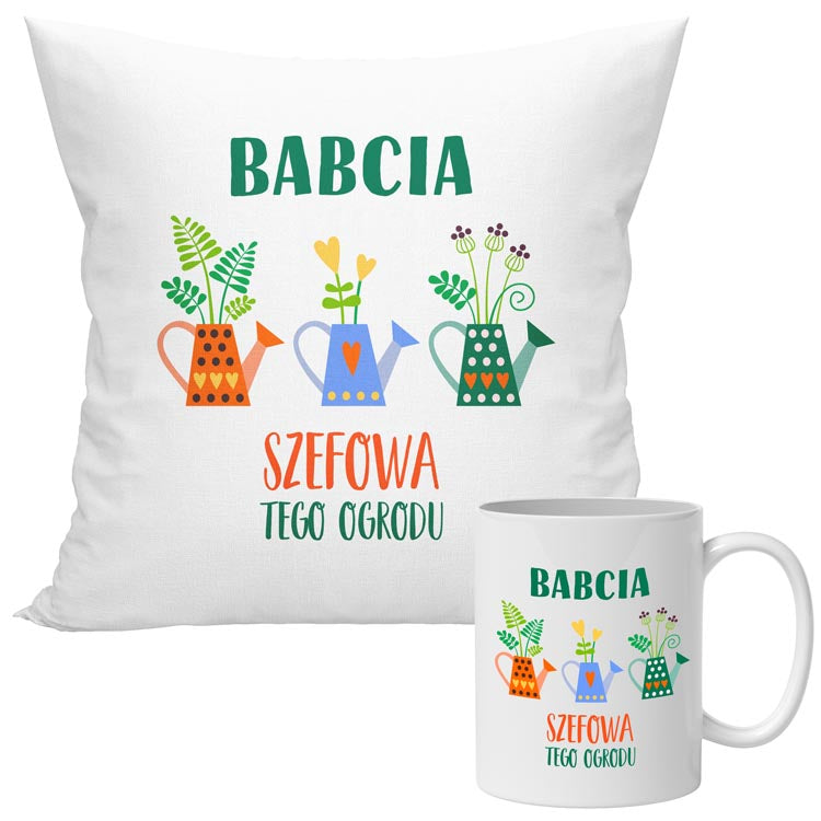 Zestaw Poduszka Kubek Szefowa tego ogrodu Prezent na Dzień Babci