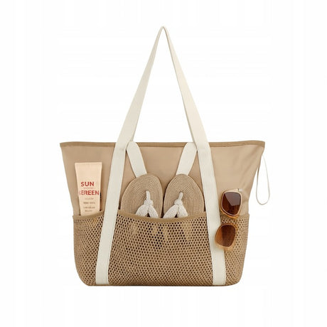 Beżowa torba plażowa z siateczką i kieszeniami