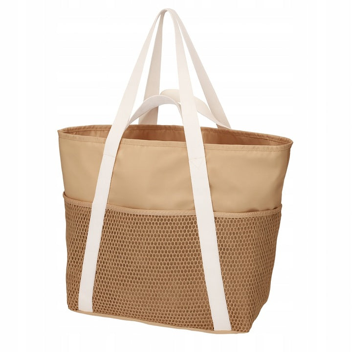 Beżowa torba plażowa z siateczką i kieszeniami