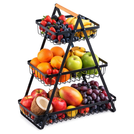 Czarny kosz metalowy na owoce i warzywa 3 poziomy