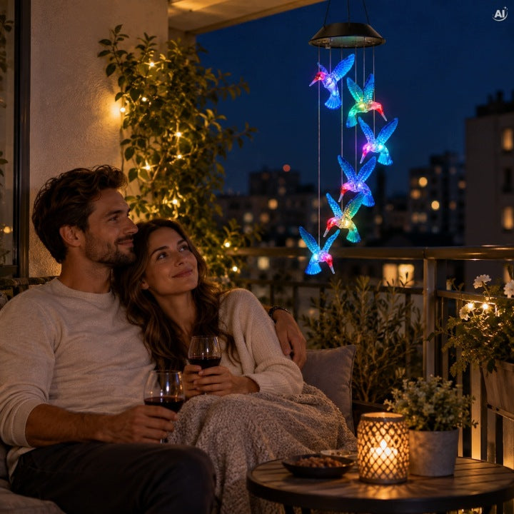 Solarne dzwonki wietrzne z kolibrami LED