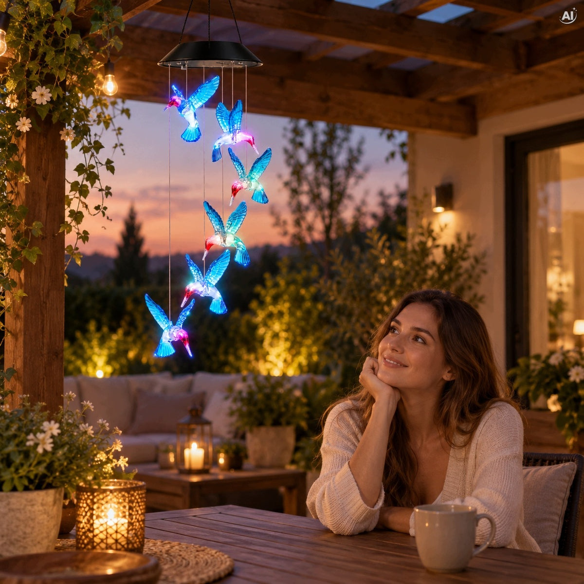 Solarne dzwonki wietrzne z kolibrami LED