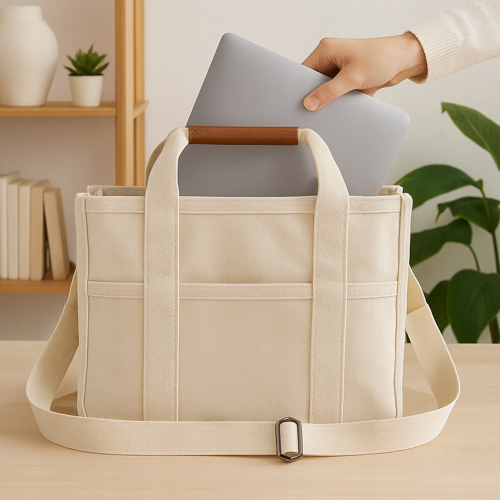 Elegancka torebka damska beżowa na laptopa ramię pojemna
