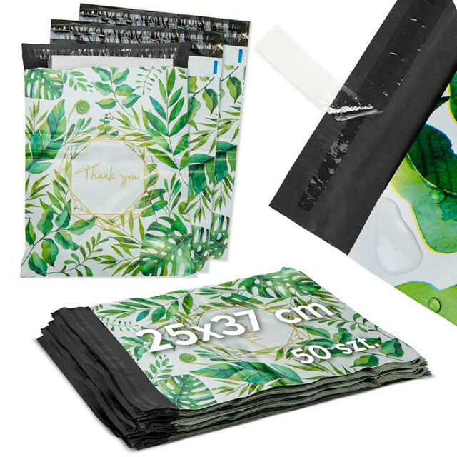 Foliopaki kurierskie 255x370mm 50 szt. THANK YOU ZIELONE LIŚCIE