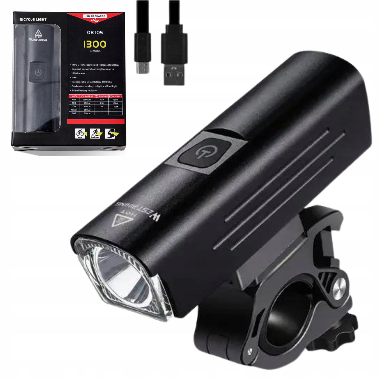 Lampka Rowerowa LED 1300 lm USB