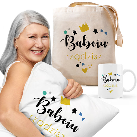 Zestaw Torba Bawełniana Kubek Poduszka Babciu Rządzisz Prezent na Dzień Babci