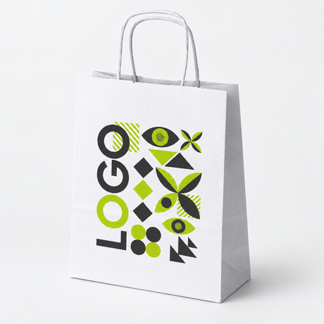 Torba papierowa z nadrukiem, uchwyt skręcany 180 × 80 × 225 mm Biała