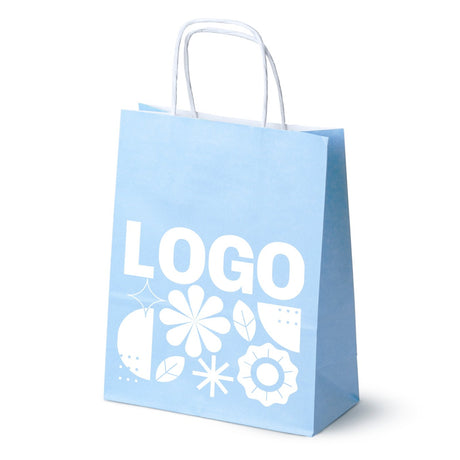 Torba papierowa z nadrukiem, uchwyt skręcany 180 × 80 × 225 mm Pastelowa niebieska