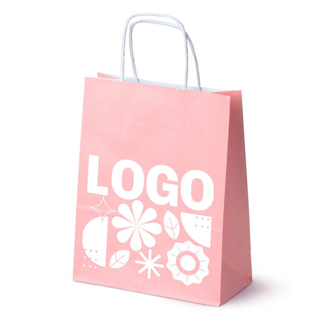 Torba papierowa z nadrukiem, uchwyt skręcany 180 × 80 × 225 mm Pastelowa różowa