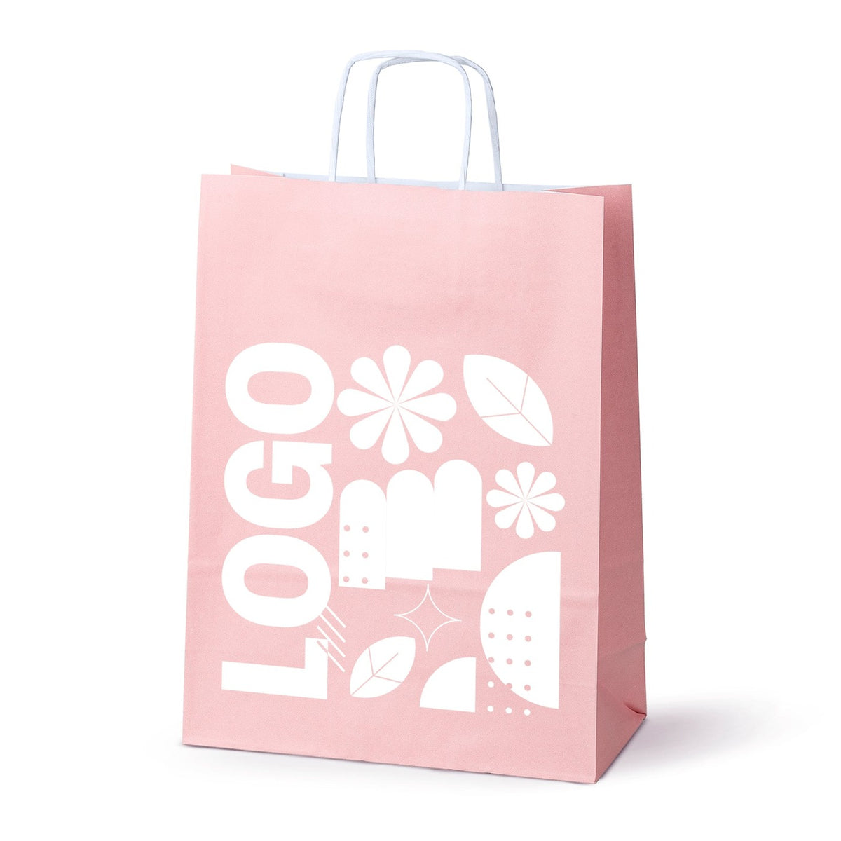 Torba papierowa z nadrukiem, uchwyt skręcany 240×100×320 mm, pastelowa różowa, przykład nadruku [S-240x100x320-pr]