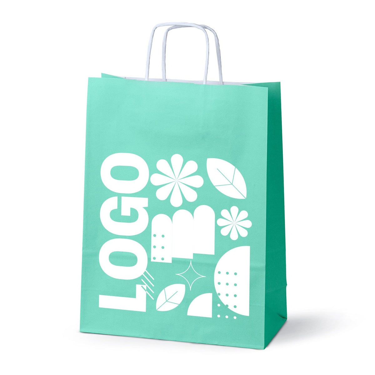 Torba papierowa z nadrukiem, uchwyt skręcany 240×100×320 mm, pastelowa zielona, przykład nadruku [S-240x100x320-pz]