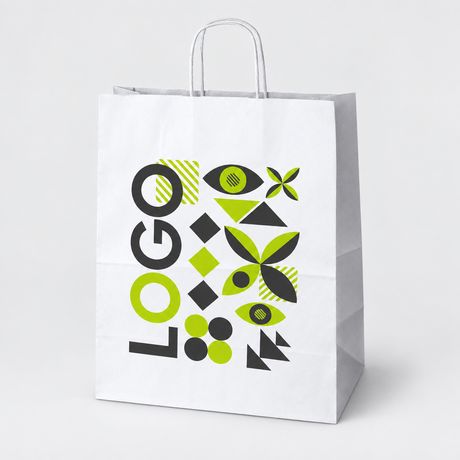 Torba papierowa z nadrukiem, uchwyt skręcany 350 × 180 × 440 mm Biała