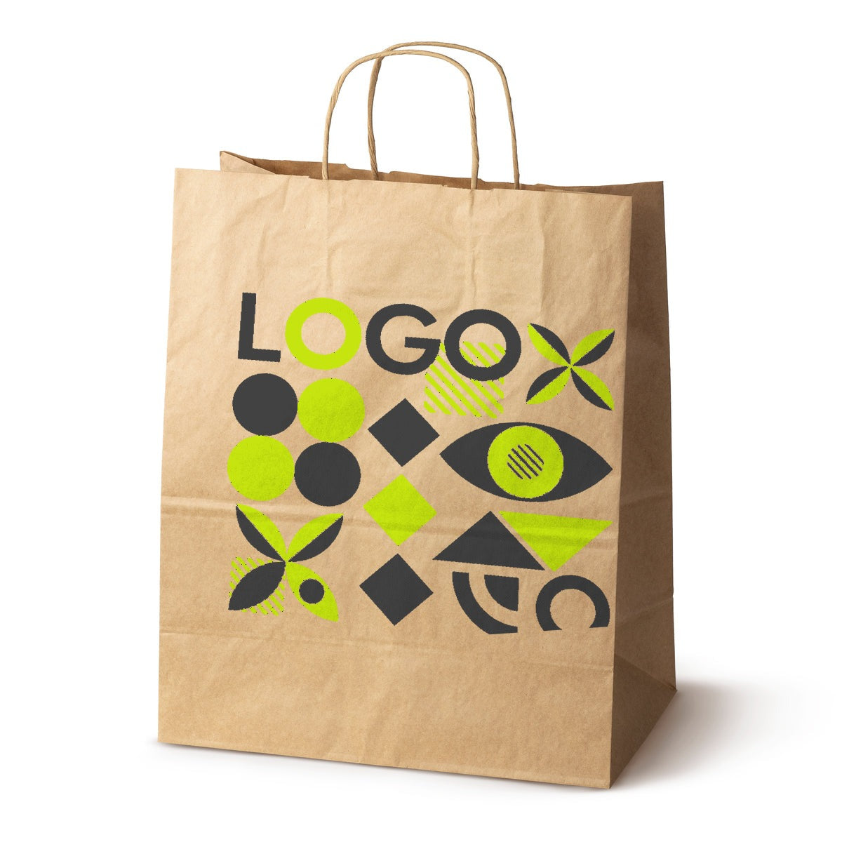 Torba papierowa z nadrukiem, uchwyt skręcany 360×330×320 mm, brązowa (kraft), wizualizacja nadruku [S-360x330x320-br]