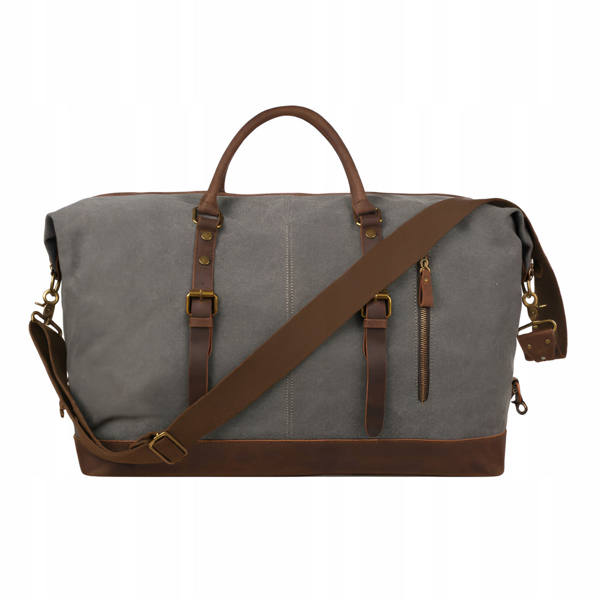 Szara torba podróżna sportowa z brązowymi dodatkami