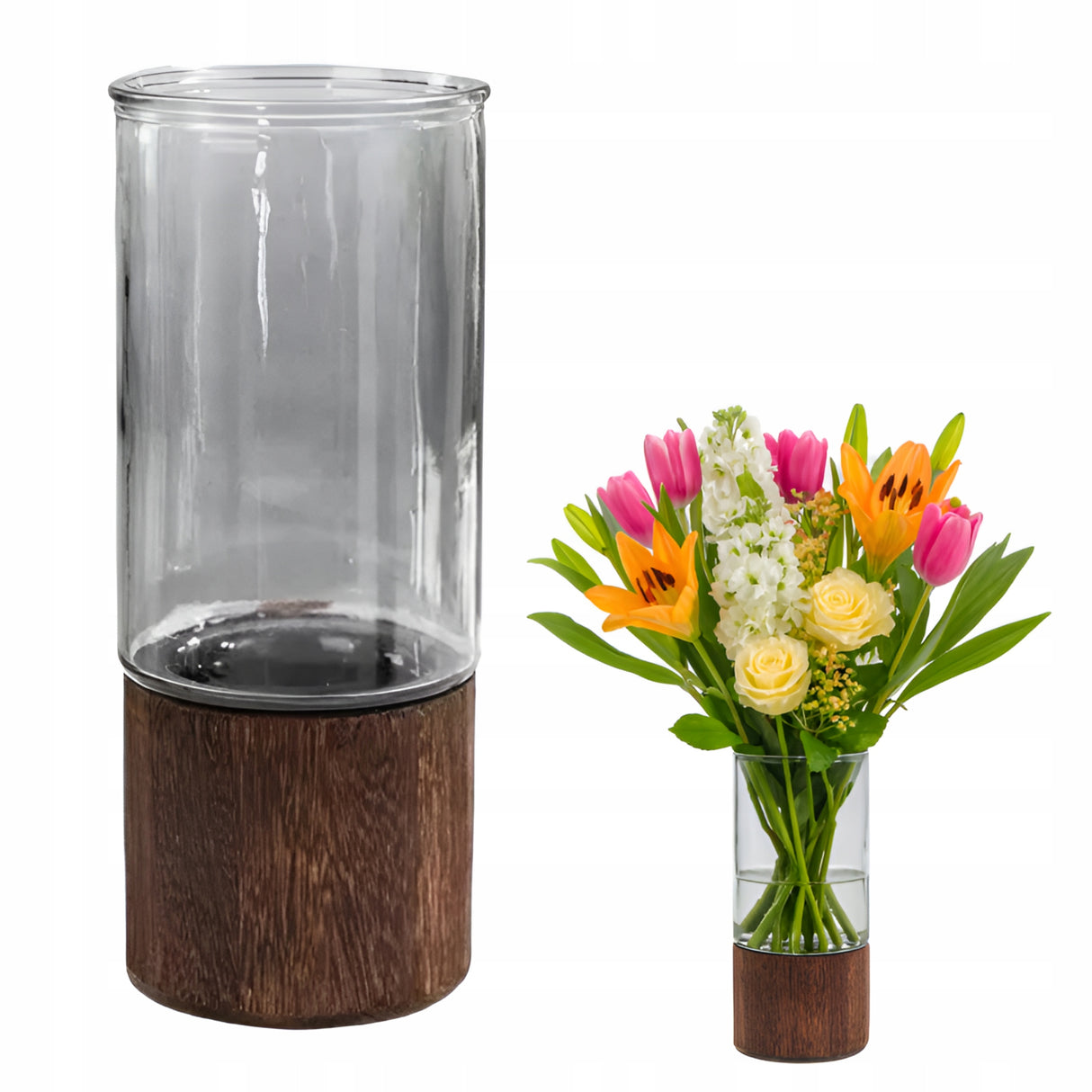 Szklany wazon z drewniana podstawą