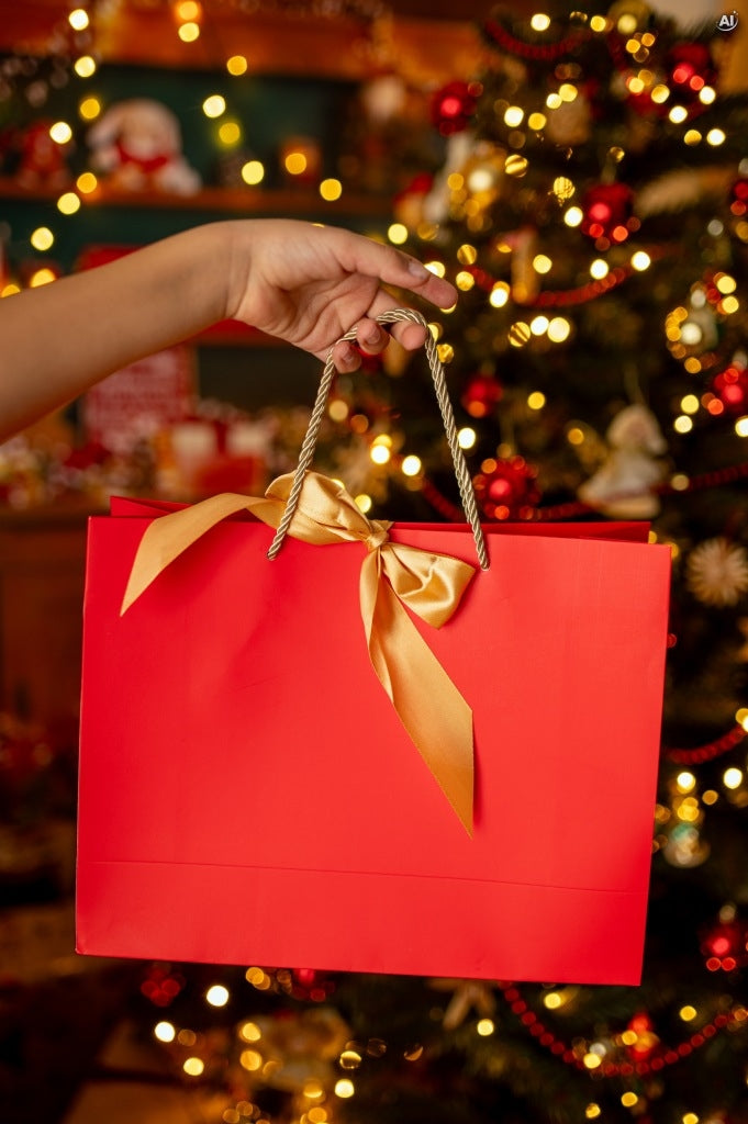 Torba laminowana 320x110x250mm czerwona ze złota wstążką 5szt.