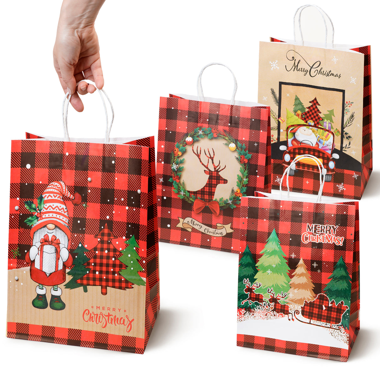 Torba papierowa świąteczna 210x110x270mm Mikołaj Choinka w Kratę 4szt.