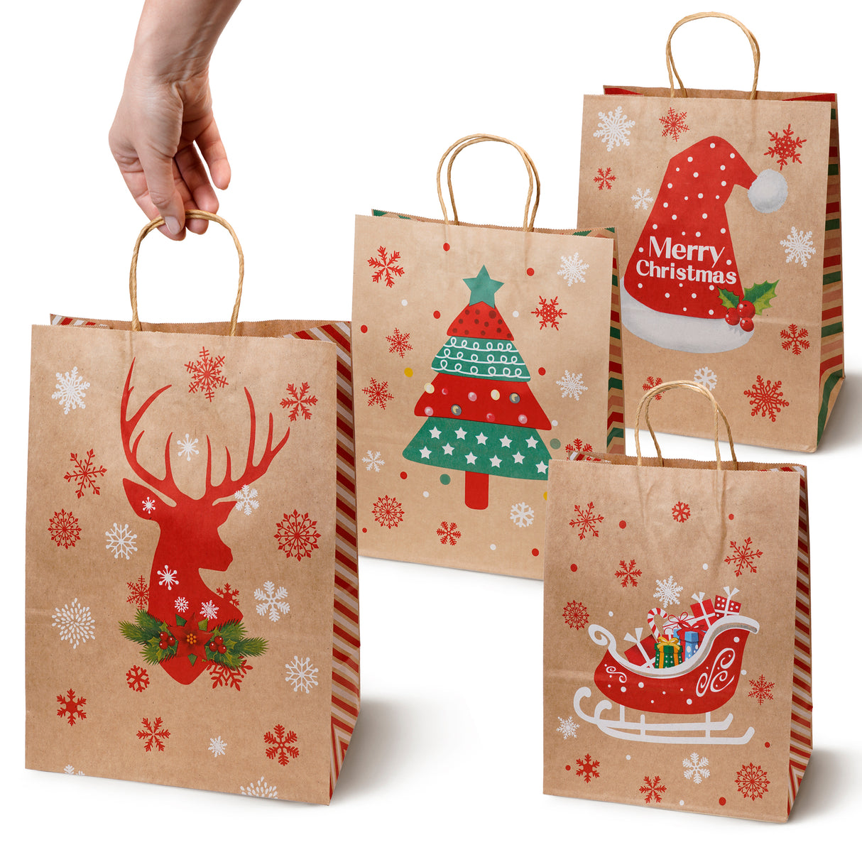 Torba papierowa świąteczna 260x120x330mm Renifer Choinka Sanie Czapka 4szt.