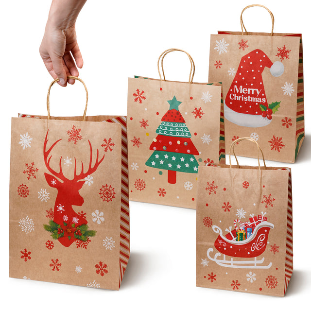 Torba papierowa świąteczna 260x120x330mm Renifer Choinka Sanie Czapka 4szt.