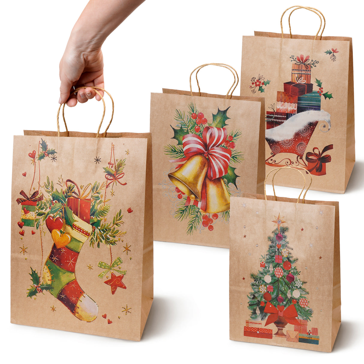 Torba papierowa świąteczna 150x80x210mm Skarpeta Choinka Dzwonek Prezenty 4szt.