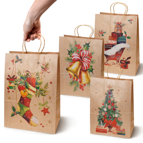 Torba papierowa świąteczna 150x80x210mm Skarpeta Choinka Dzwonek Prezenty 4szt.