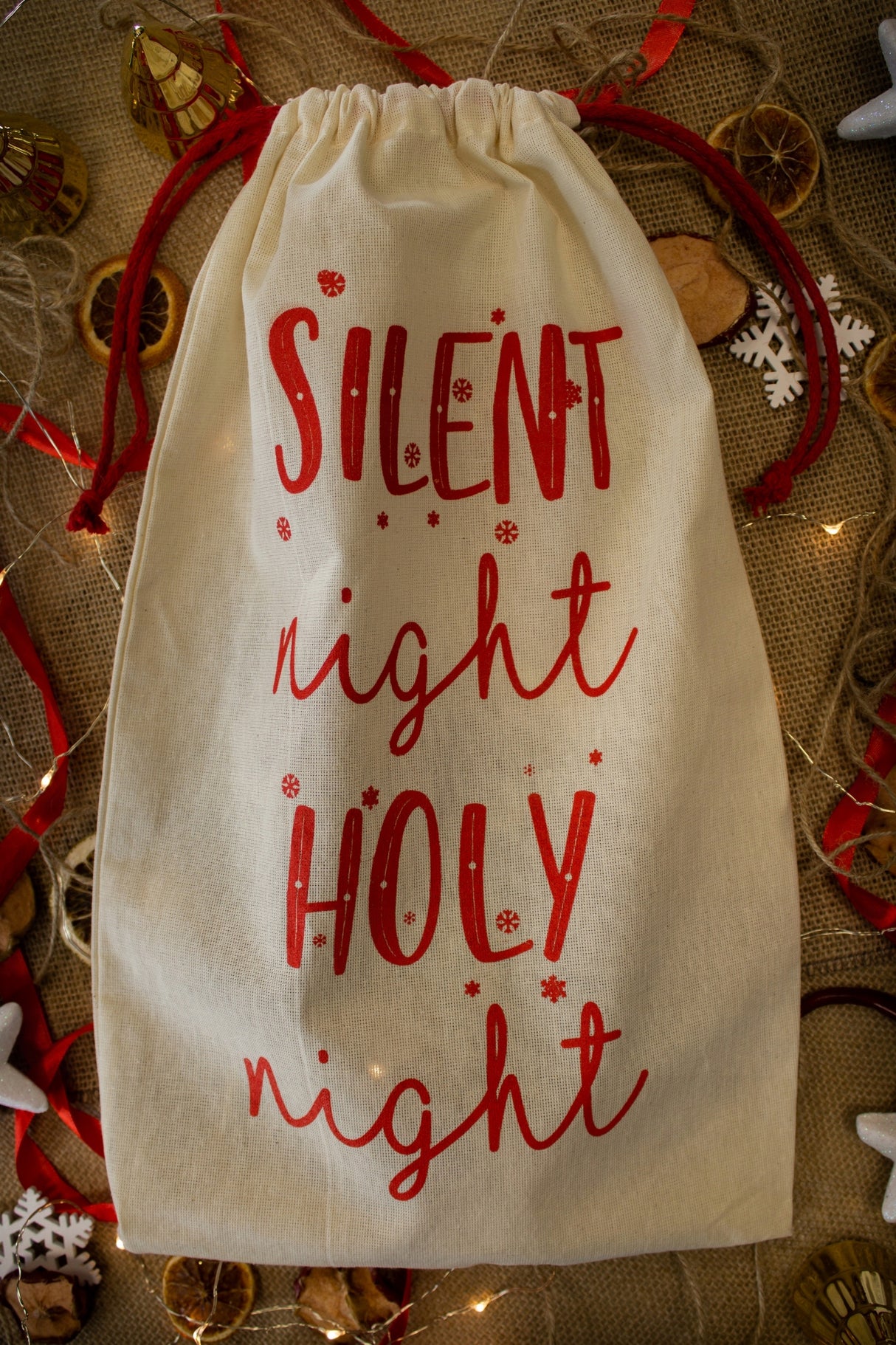 Woreczek bawełniany 25x30cm ECRU CZERWONE SZNURKI SILENT NIGHT HOLY 145g