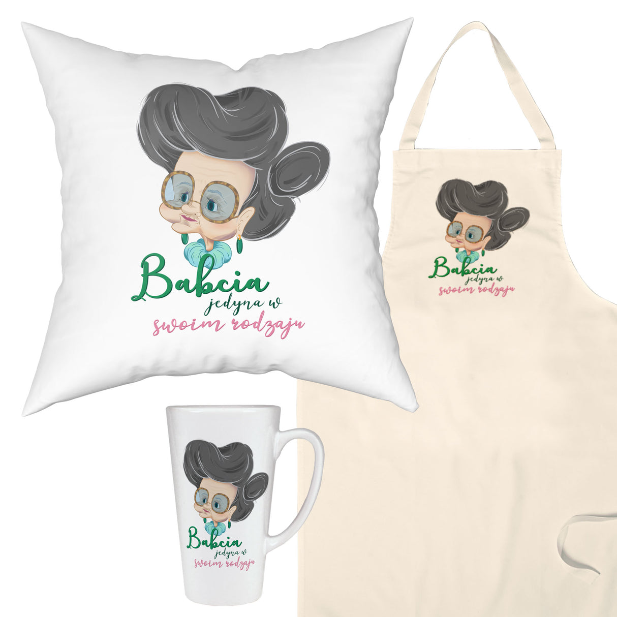 Zestaw Fartuch,Kubek,Poduszka Babcia Jedyna w swoim Rodzaju Prezent na Dzień Babci