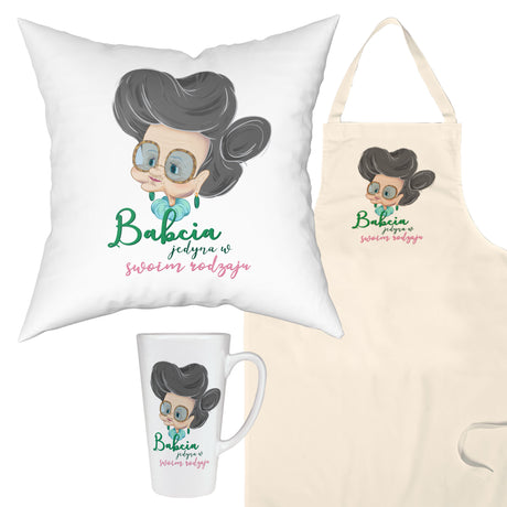 Zestaw Fartuch,Kubek,Poduszka Babcia Jedyna w swoim Rodzaju Prezent na Dzień Babci