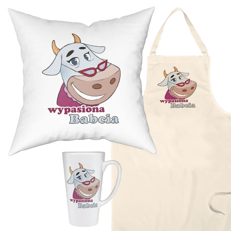 Zestaw Fartuch,Kubek,Poduszka Wypasiona Babcia Prezent na Dzień Babci