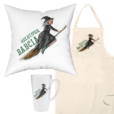 Zestaw Fartuch,Kubek,Poduszka Odlotowa Babcia Prezent na Dzień Babci