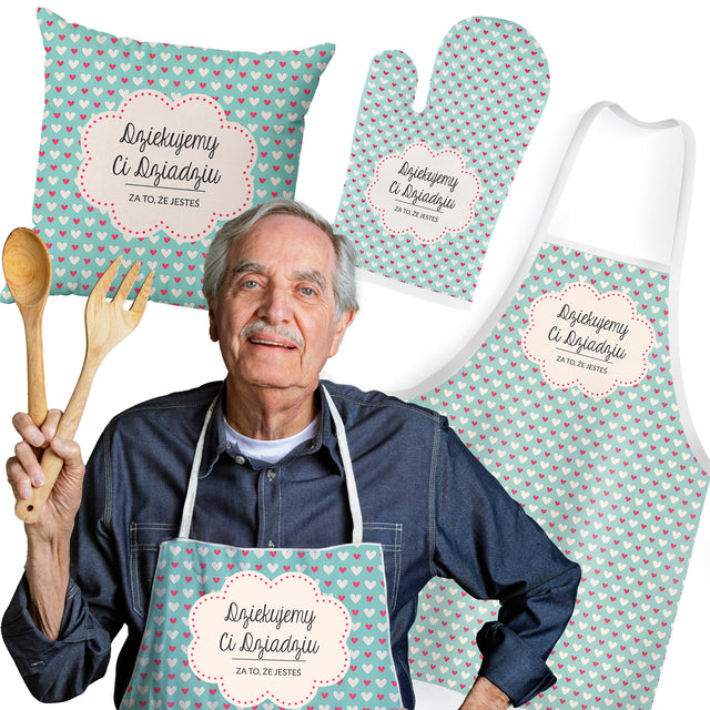 Zestaw Fartuch,Rękawica,Poduszka Dziękujemy Dziadku Prezent na Dzień Dziadka