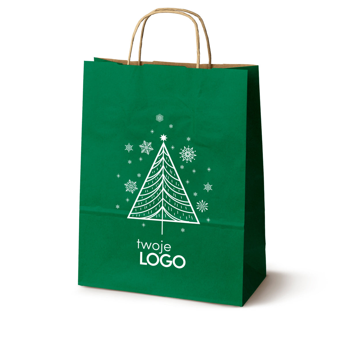 Torba papierowa świąteczna z logo 240 × 100 × 320 mm zielona, wzór SW-01