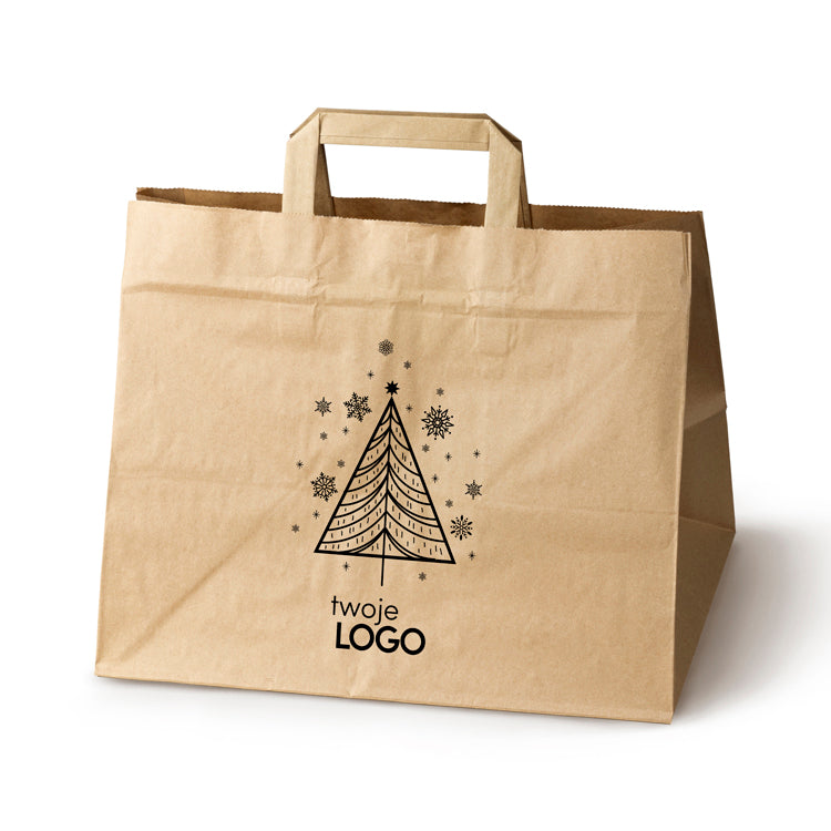 Torba papierowa świąteczna z logo 320 × 220 × 245 mm brązowa (kraft), wzór SW-01