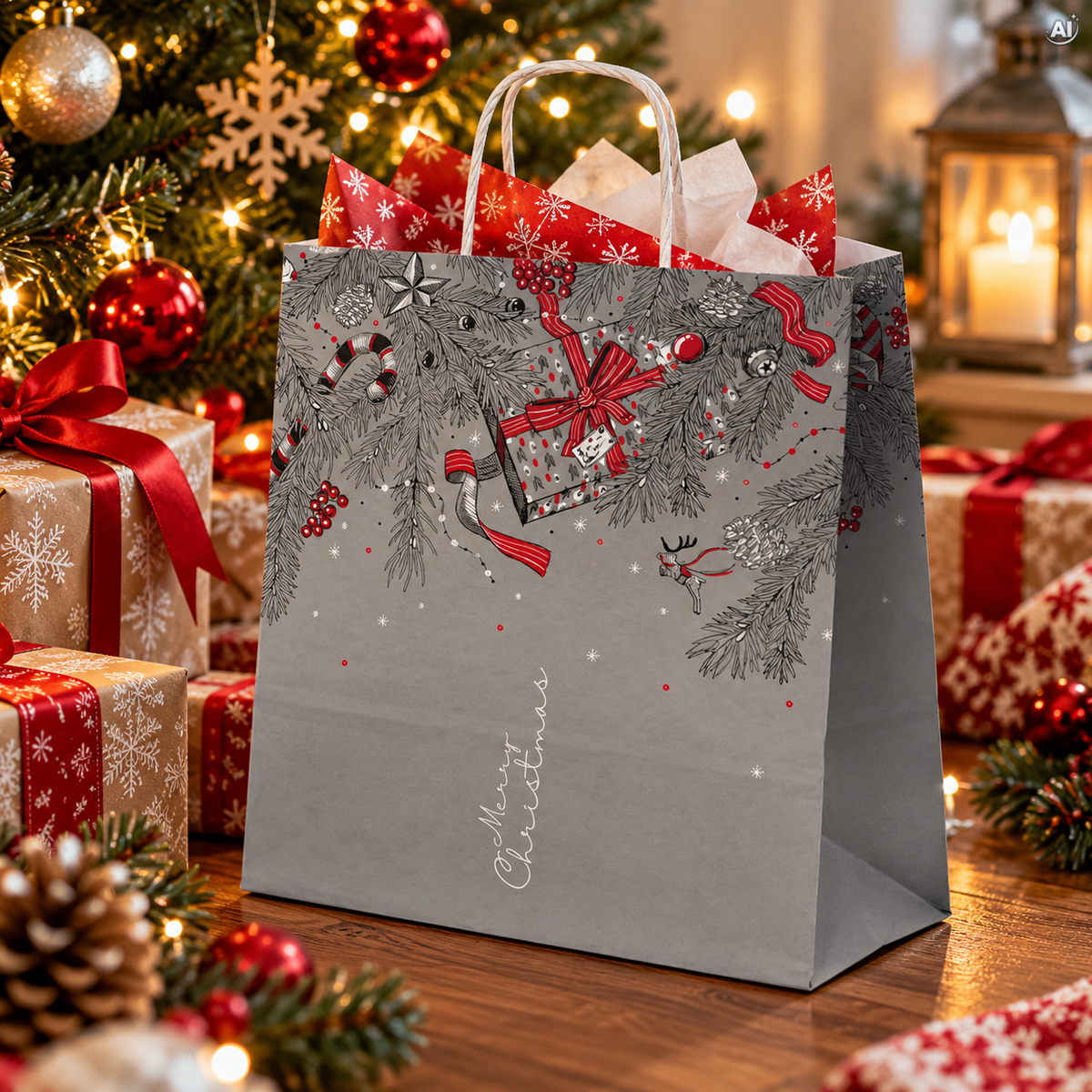 Torba papierowa świąteczna 320x160x380mm Szara Merry Christmas