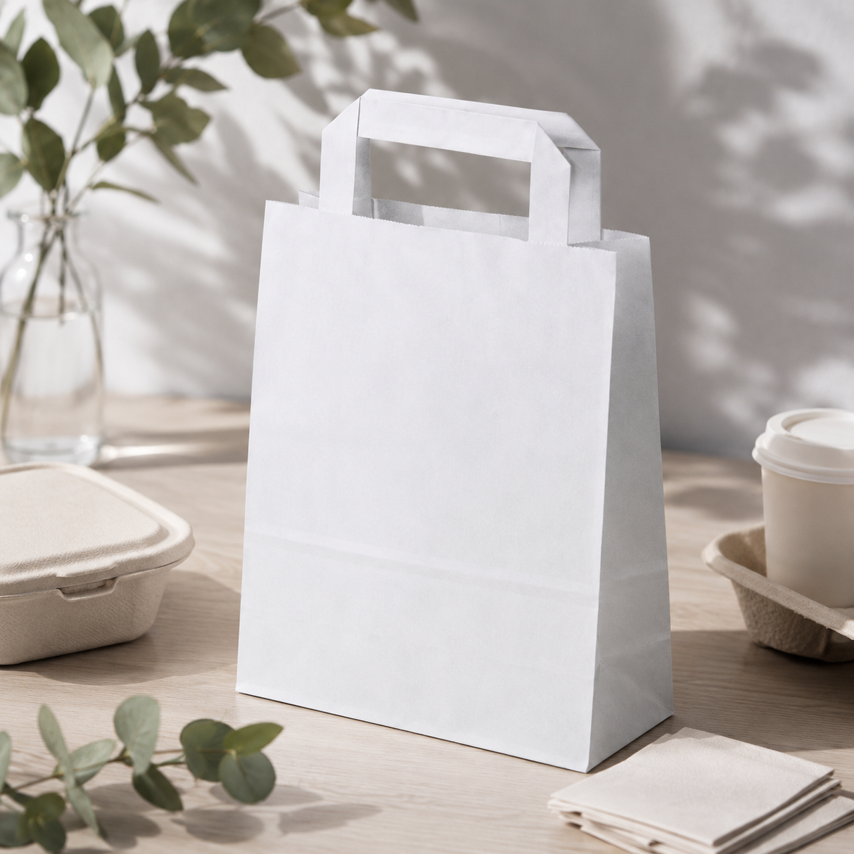 Torba Papierowa z Uchwytem Płaskim 180x80x230mm Biała