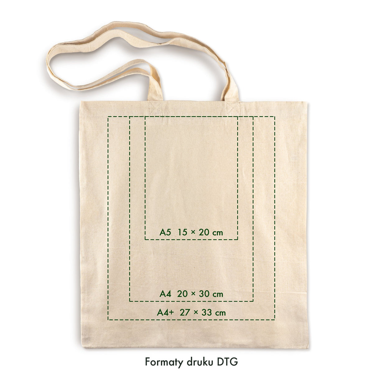 Formaty druku DTG na torbie bawełnianej: A5 15 × 20 cm, A4 20 × 30 cm, A4+ 27 × 33 cm [mat:extra:formaty-dtg]