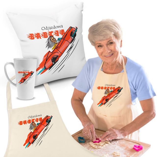Zestaw Fartuch,Kubek,Poduszka Odjazdowa Babcia Prezent na Dzień Babci