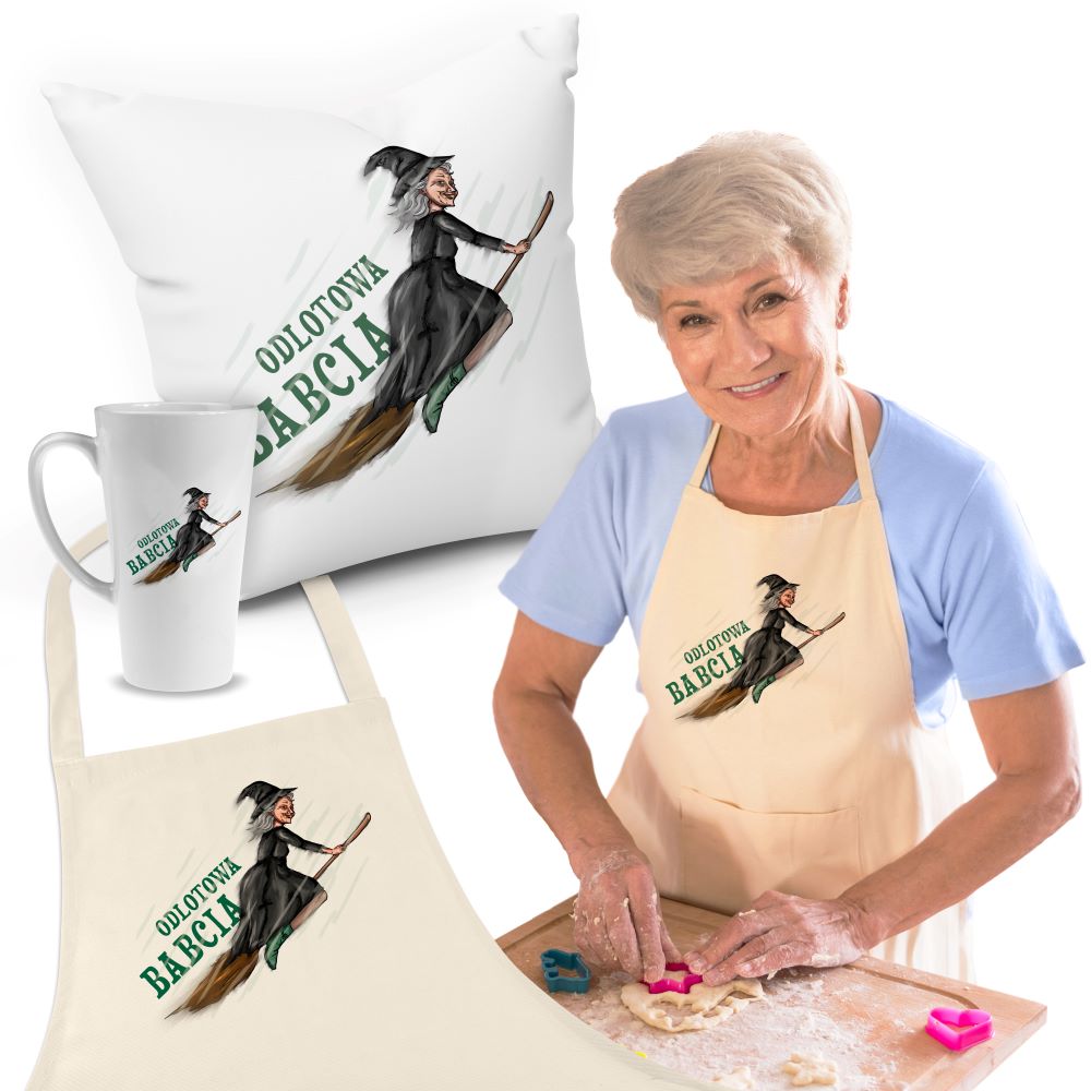 Zestaw Fartuch,Kubek,Poduszka Odlotowa Babcia Prezent na Dzień Babci