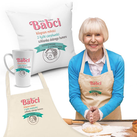 Zestaw Fartuch,Kubek,Poduszka Sekrety Kuchni Babci Prezent na Dzień Babci