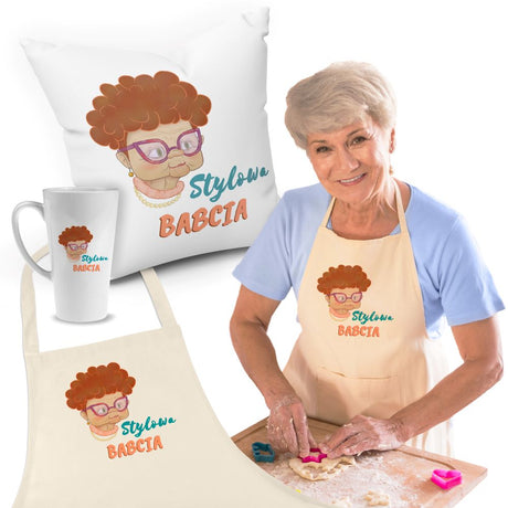 Zestaw Fartuch,Kubek,Poduszka Stylowa Babcia Prezent na Dzień Babci