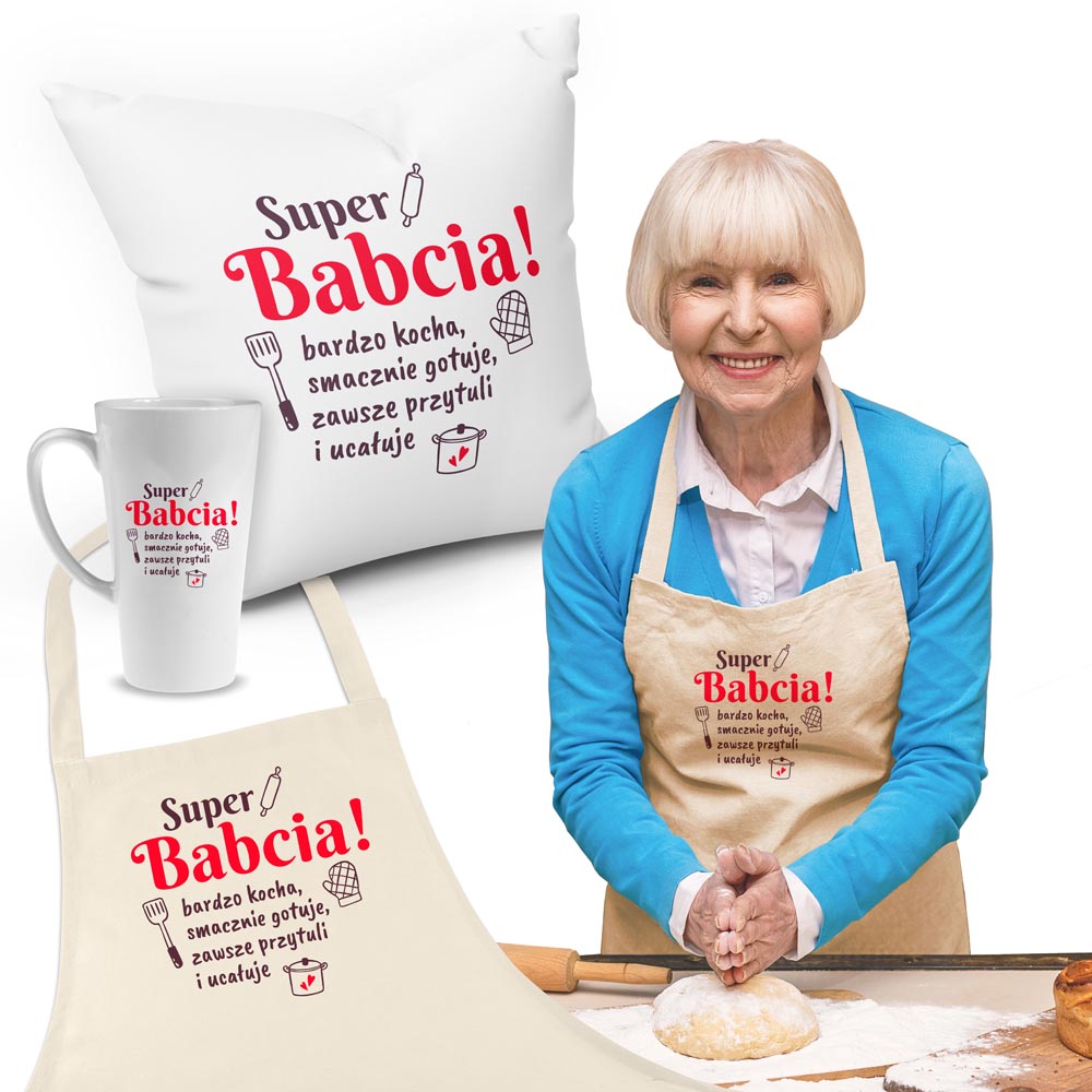 Zestaw Fartuch,Kubek,Poduszka Super Babcia Prezent na Dzień Babci