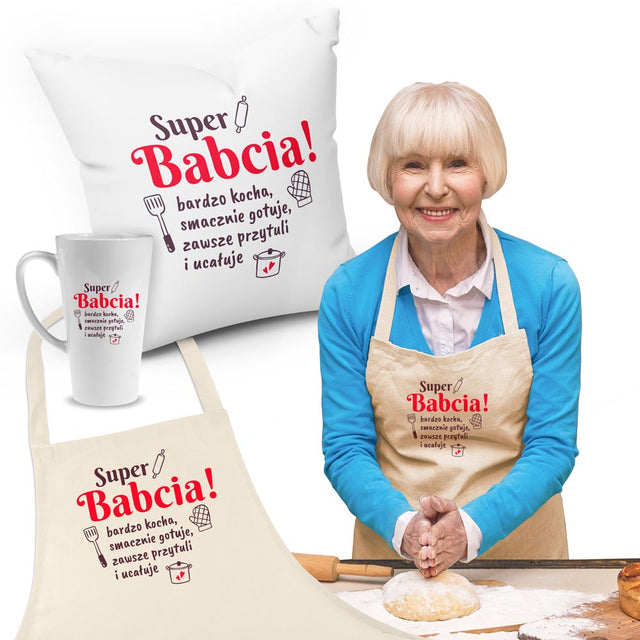 Zestaw Fartuch,Kubek,Poduszka Super Babcia Prezent na Dzień Babci