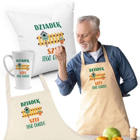 Zestaw Fartuch,Kubek,Poduszka Szef Ogrodu Prezent na Dzień Dziadka