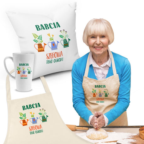 Zestaw Fartuch,Kubek,Poduszka Babcia Szefowa Ogrodu Prezent na Dzień Babci