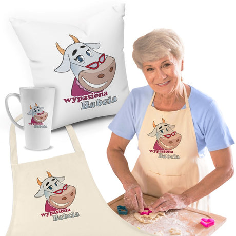 Zestaw Fartuch,Kubek,Poduszka Wypasiona Babcia Prezent na Dzień Babci