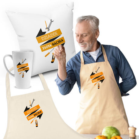 Zestaw Fartuch,Kubek,Poduszka Złota Rączka Prezent na Dzień Dziadka