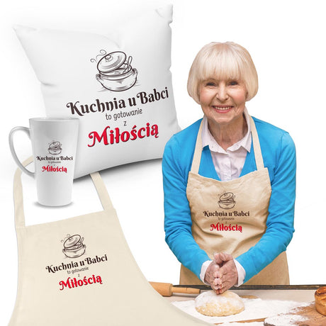 Zestaw Fartuch,Kubek,Poduszka Kuchnia u Babci Prezent na Dzień Babci