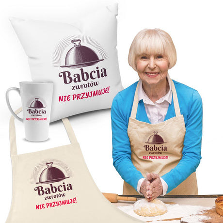Zestaw Fartuch,Kubek,Poduszka Babcia Zwrotów nie przyjmuje Prezent na Dzień Babci